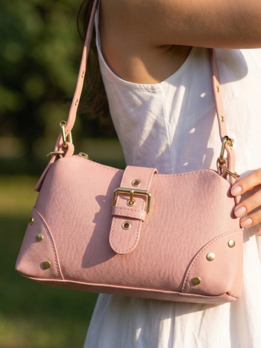 Studded Blush Pink Buckle Strap Shoulder Bag